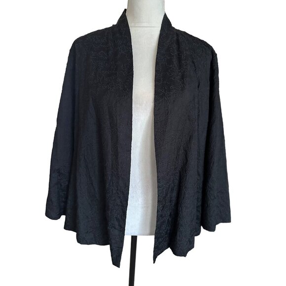 Eileen Fisher Embroidered !00% Silk Open Front Blazer Jacket Size L Quiet Luxury - Picture 1 of 13